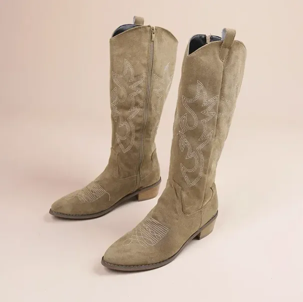 Embroidered Western Cowboy Boots For Women Autumn Pointed Toe Thick Heel High Knee Boots Woman Loose PU Leather Long Botas Mujer_vogvips.com