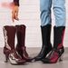 Women's Fashion Boots With Embroidery, Chunky Heel, Mid-Calf Height, Side Zipper, Black & Burgundy, Sizes 5-11_vogvips.com