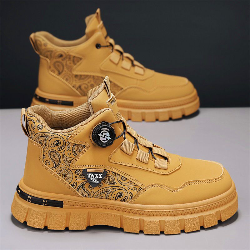 European Warm Series Leather Patchwork Fashion No-Tie Rotating Button Martin British Style Workwear Sports Casual Versatile Men's Boots_vogvips.com