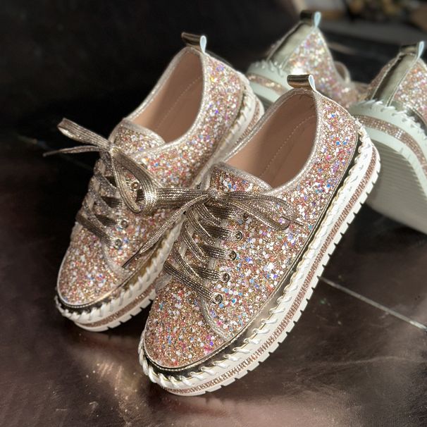 Handmade Summer Casual Women's Shoes With Rhinestones, Chunky Platform, Glitter & Lace-Up Design – Fashionable Round-Toe Slip-Ons_vogvips.com
