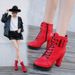 Women's Chunky Heel Fashion Boots European American Style Winter Side Zipper Short Studded Belt Buckle High Heeled Cowboy Boots_vogvips.com