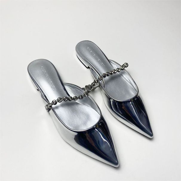 Women’s Shoes Half Slippers For Women Summer Outdoor Wear New Single Strap Flat Lazy Sandals Gem Chain Pointed Toe Mules_vogvips.com