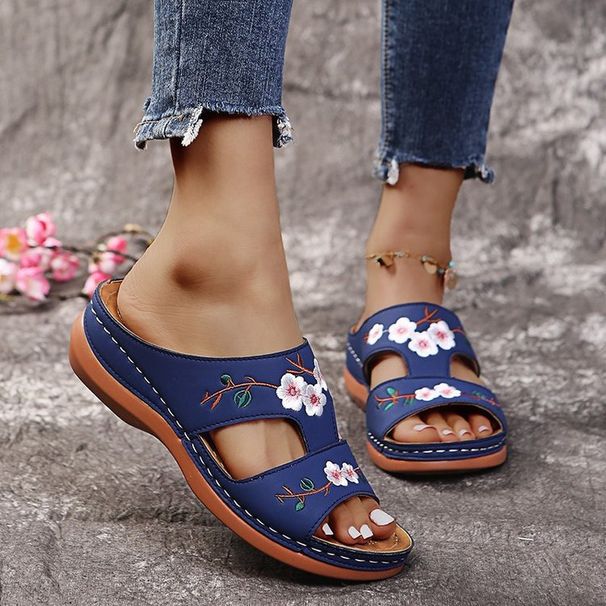Women’s Shoes Simple And Comfortable Flower Flat Bottom Women's Fish Mouth Slippers New Foreign Trade Large Size Wedge Heel Slippers_vogvips.com