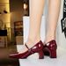 6292 Style Elegant Women's With Rhinestone Flat And Square Toe Patent Leather Shiny Surface, Shallow Mouth, Thick Heel,_vogvips.com