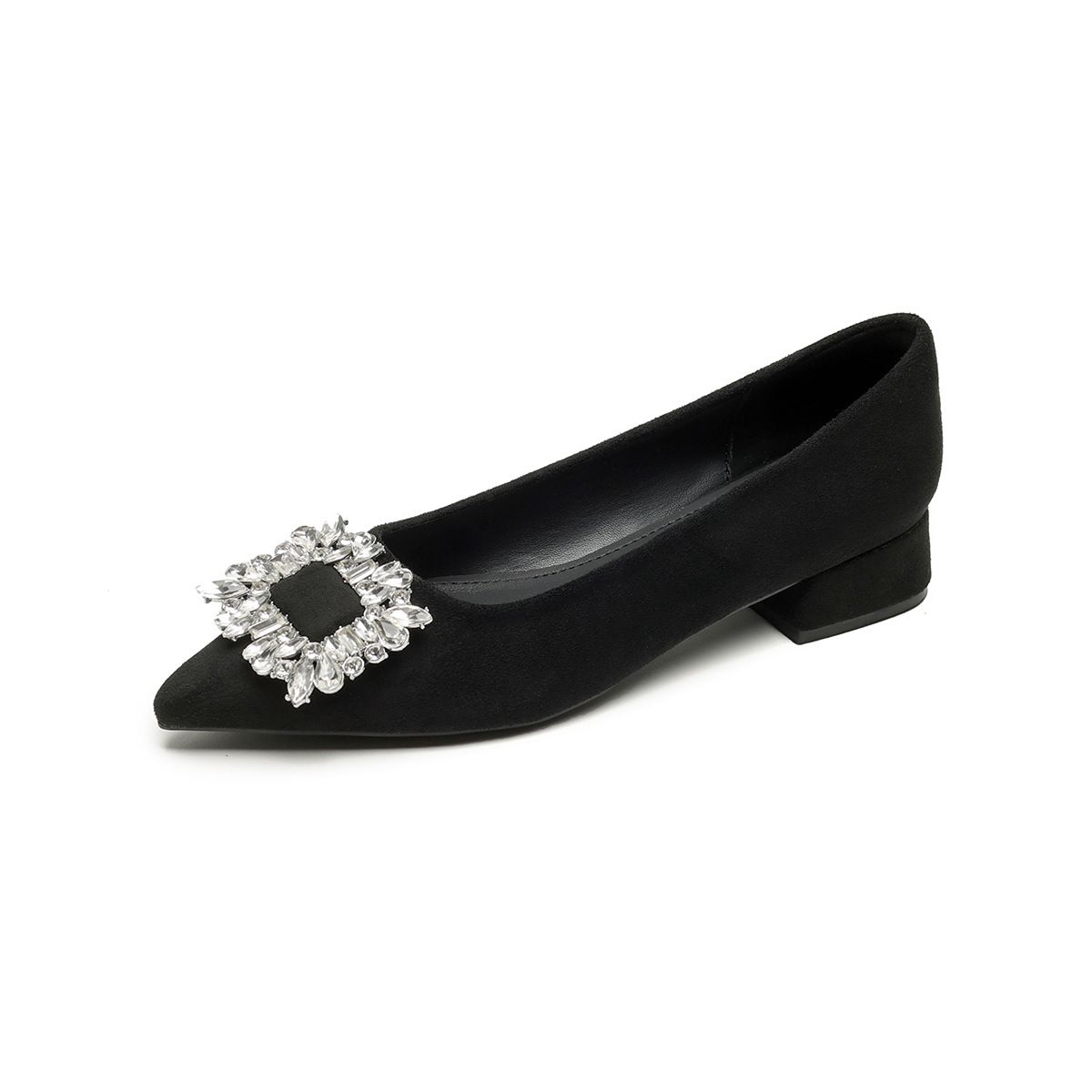Pointed Single Shoes Women's Thick Heels Rhinestone High Heels Shallow Mouth One Pedal Black Commuter Shoes_vogvips.com