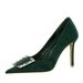 516-K73 Spring And Autumn Banquet High Thin Heels, Suede Surface, Shallow Mouth, Pointed Metal Diamond Button Single_vogvips.com