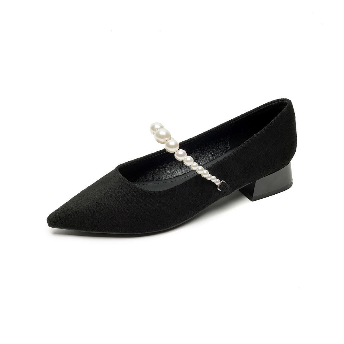 French Pointed Single Shoes Women's Pearl Light Mouth High Heels Suede Thick Heel Mary Jane Shoes_vogvips.com
