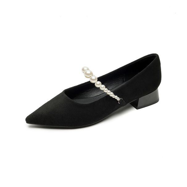 French Pointed Single Shoes Women's Pearl Light Mouth High Heels Suede Thick Heel Mary Jane Shoes_vogvips.com
