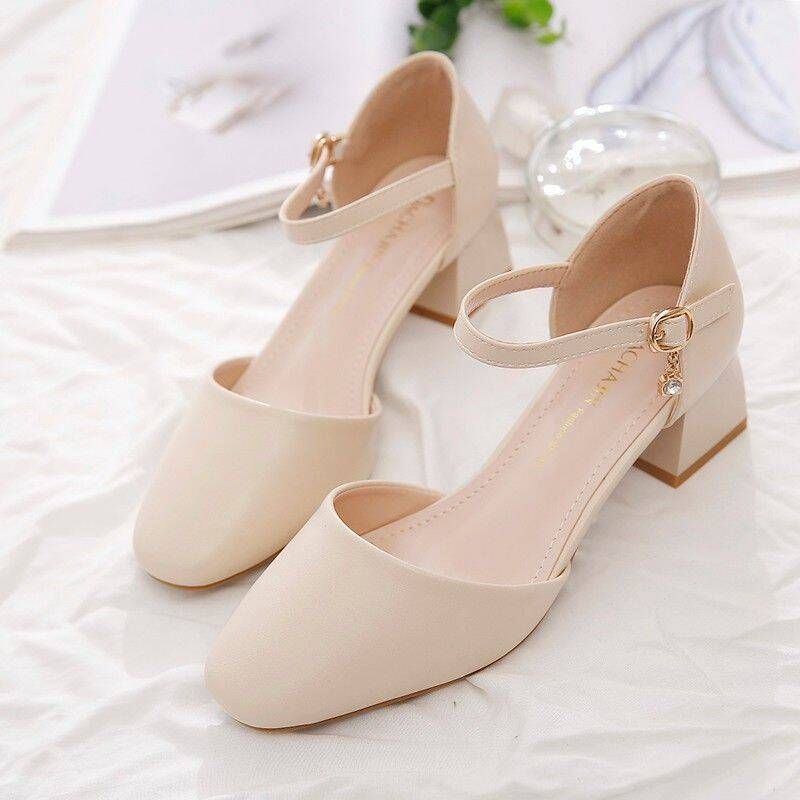 Women's Block-heeled Sandals Spring-summer New Style, One-strap Buckle High-heeled Shoes, Square-toed Mid-heel_vogvips.com