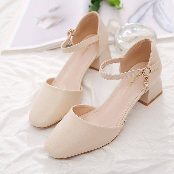 Women's Block-heeled Sandals Spring-summer New Style, One-strap Buckle High-heeled Shoes, Square-toed Mid-heel_vogvips.com
