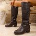 Women's Retro Cross Strap Buckle Mid Heel Riding Boots Fleece Lined High Top Plus Size Autumn New Style_vogvips.com