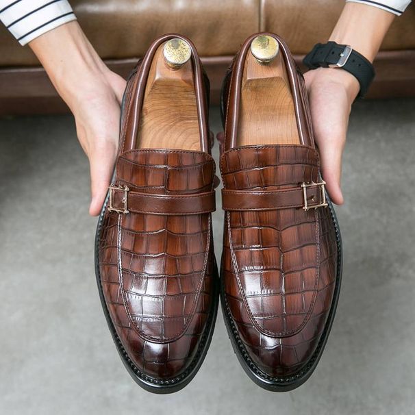 New Fashion Men's Brown Business Casual Loafer Shoes Daily Office Black Buckle Monk Men's Shoes One Foot Cover Banquet Dress Wedding Leather Shoes_vogvips.com