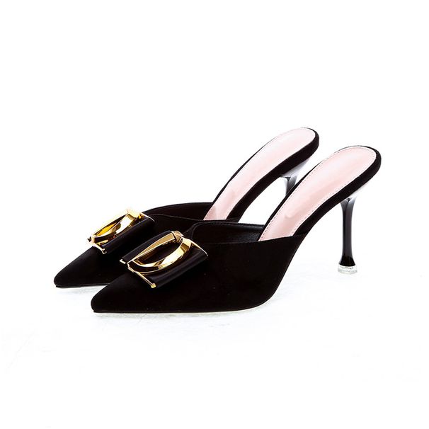 Retro Summer Baghead Metal Buckle Müller Shoes, 9cm, Versatile, Thousand-bird-pattern, Low Heel, Pointed Toe, Elegant Flip-flops_vogvips.com