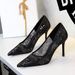 1963-5 European And American Style Fashionable Elegant High Heel Women's Pointed Toe Shallow Mouth Sequin Lace Mesh_vogvips.com
