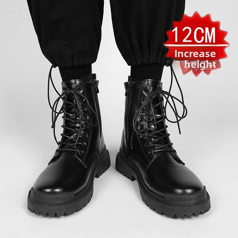 Martin Boots Men's Inner Height Increase 12cm10cm New Men's High-top Tooling Boots British Medium-top Black Leather Boots_vogvips.com