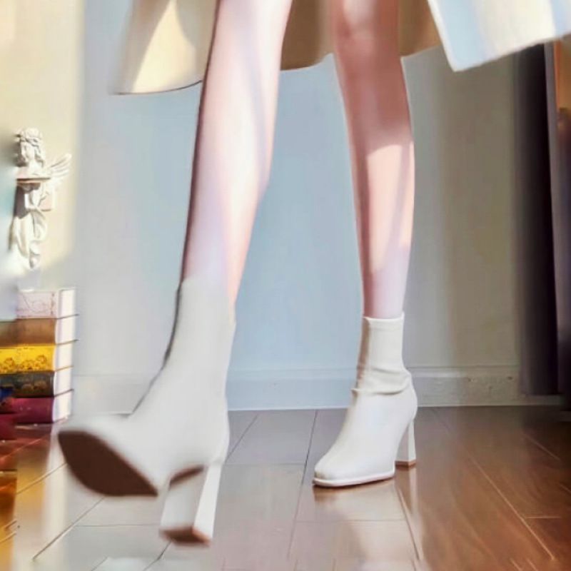 2025 Autumn Winter New French Style High Ankle For Petite Women Chunky Heel Square Toe White Stretch Slim Bare Boots_vogvips.com