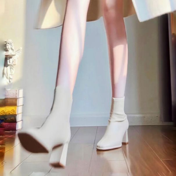 2025 Autumn Winter New French Style High Ankle For Petite Women Chunky Heel Square Toe White Stretch Slim Bare Boots_vogvips.com