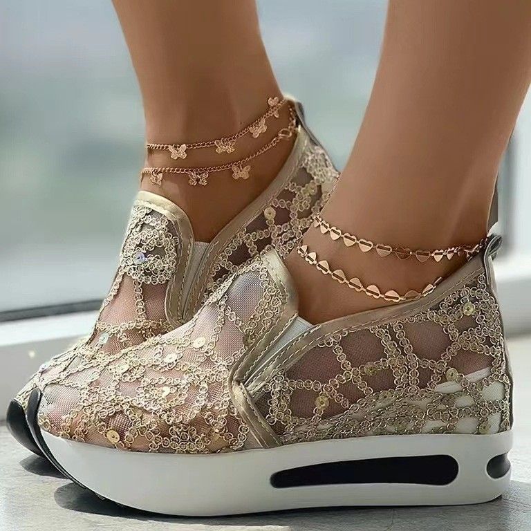 2026 New Sequined Large Size Platform Sneakers Women's Fashion Mesh Breathable Foot Wedges_vogvips.com