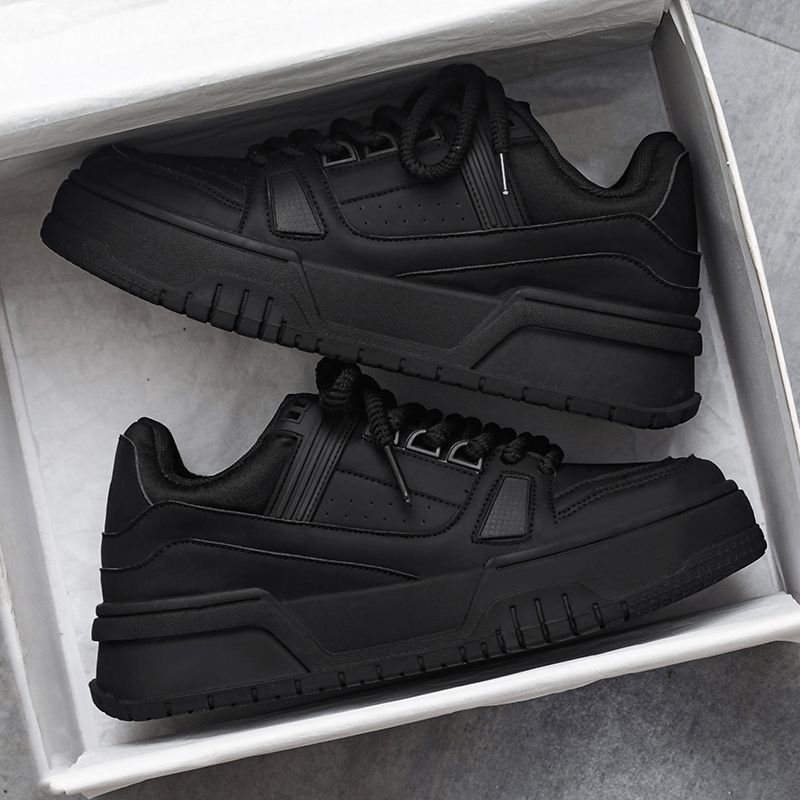 Men's Shoes Spring And Autumn Niche Design Versatile Casual Pure Black Sneakers Youth Sports Thick Bottom Heightening Bread Trendy Shoes_vogvips.com