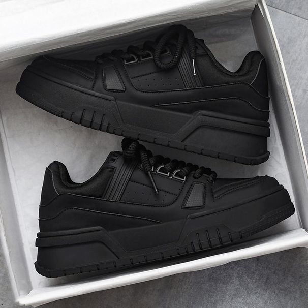 Men's Shoes Spring And Autumn Niche Design Versatile Casual Pure Black Sneakers Youth Sports Thick Bottom Heightening Bread Trendy Shoes_vogvips.com