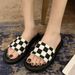 Women's Summer Outdoor Slippers, Trendy Black And White Plaid Flat Beach Sandals, Indoor Slide Sandals_vogvips.com