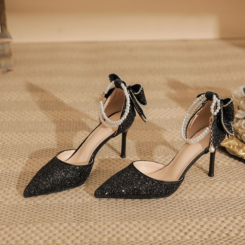 Women's Shoes Pointed Toe Stiletto Heels With Rhinestone Bow Detail Glitter Evening Pumps For Party & Daily Wear_vogvips.com