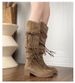 2025 New Retro Wasteland Style Fringed Rider Boots, Thick Heel But Not To The Knee, Long Boots, Slim-fitting, Piled Mid-calf Boots For Women_vogvips.com