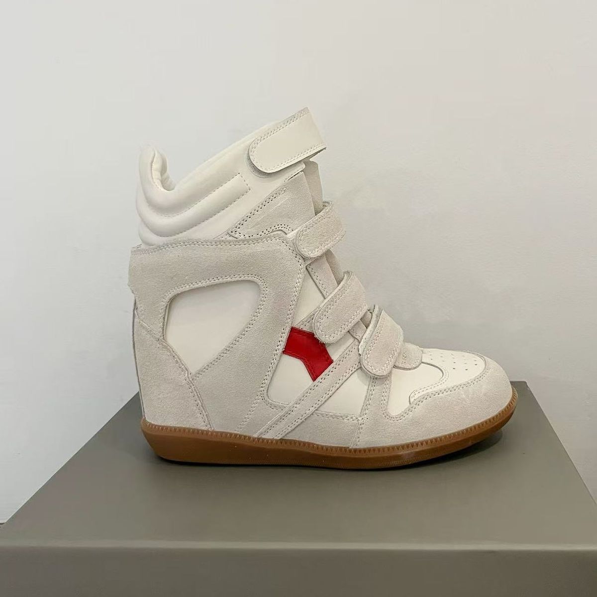 Women's High Top Sneakers White Genuine Leather Velcro Casual Sports Shoes 7CM Wedge Heel European Style for Autumn 2025_vogvips.com