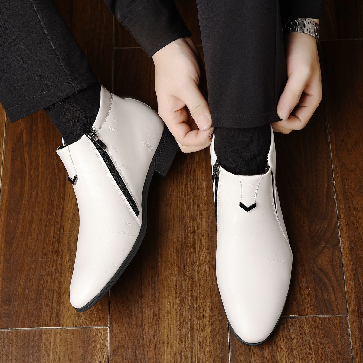 Men's Fashion Chelsea Boots With Side Zipper & Embossed Pattern - PU Leather Casual Boots For Men_vogvips.com