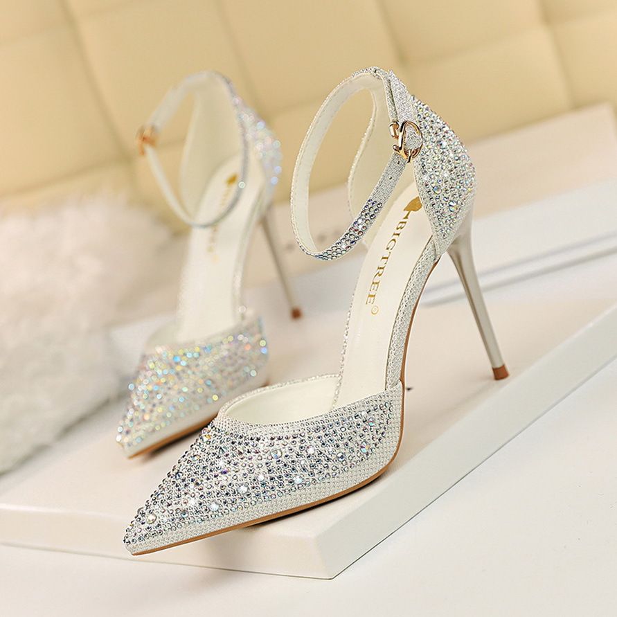 Sweet Korean Style Heels Thin High Heel Shallow Mouth Pointed Toe Hollow Strap Shiny Rhinestone Women's Sandals P_vogvips.com