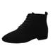 2023 Autumn Winter New Short Low Women's Pointed Toe Suede Front Lace-up Solid Color Chunky Heel Fashion Boots_vogvips.com