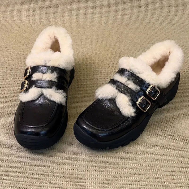 Cowhide Soft Leather Thick-soled Fluffy Small Leather Shoes Women's Velvet Warm Cotton Shoes Loafers Single Shoes_vogvips.com