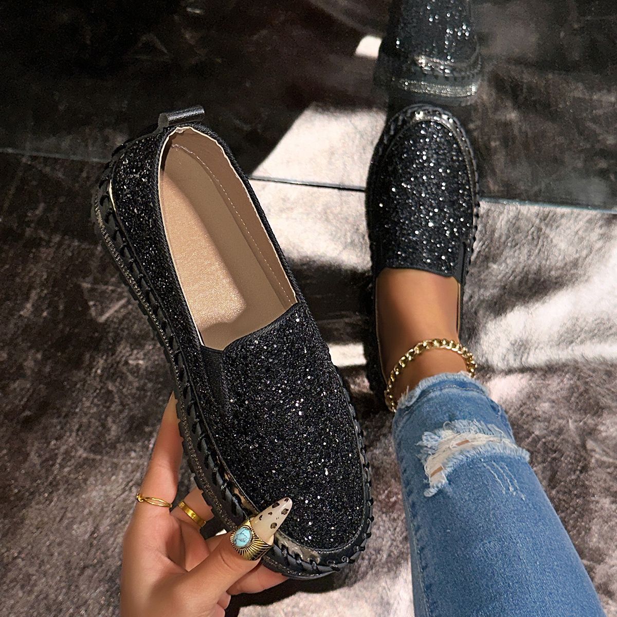 Women S Rhinestone Flats Comfort Thick Sole Slip On Casual Shoes Woman Fashion Gold Silver Glitter Platform Loafers_vogvips.com