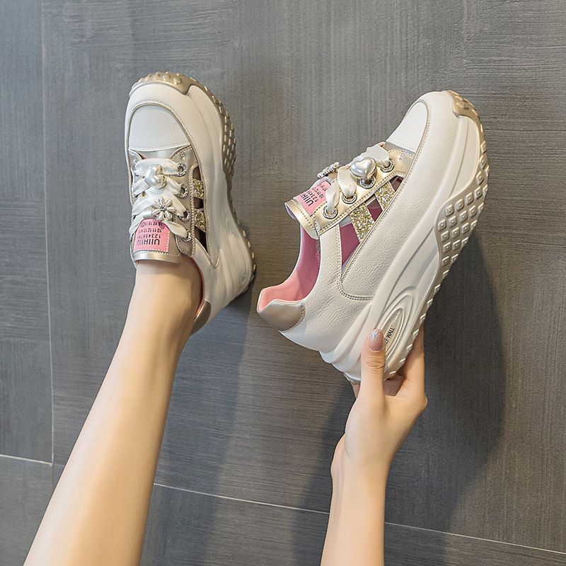 Leather Hollow Dad Shoes Women's Lightweight Inner Height Increase Casual Sports Shoes Platform Sandals_vogvips.com