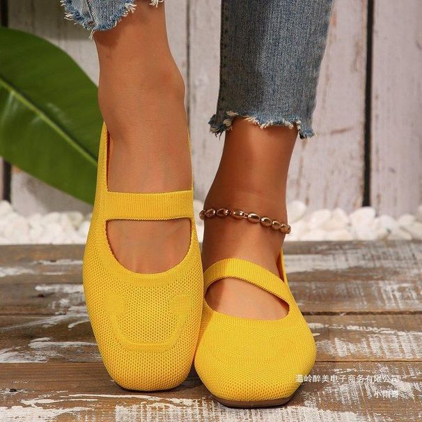 New Large-size Hollow-out Fly-knit Flat Women, Breathable Slip-on Square-toed Work Shoes For All Seasons,_vogvips.com