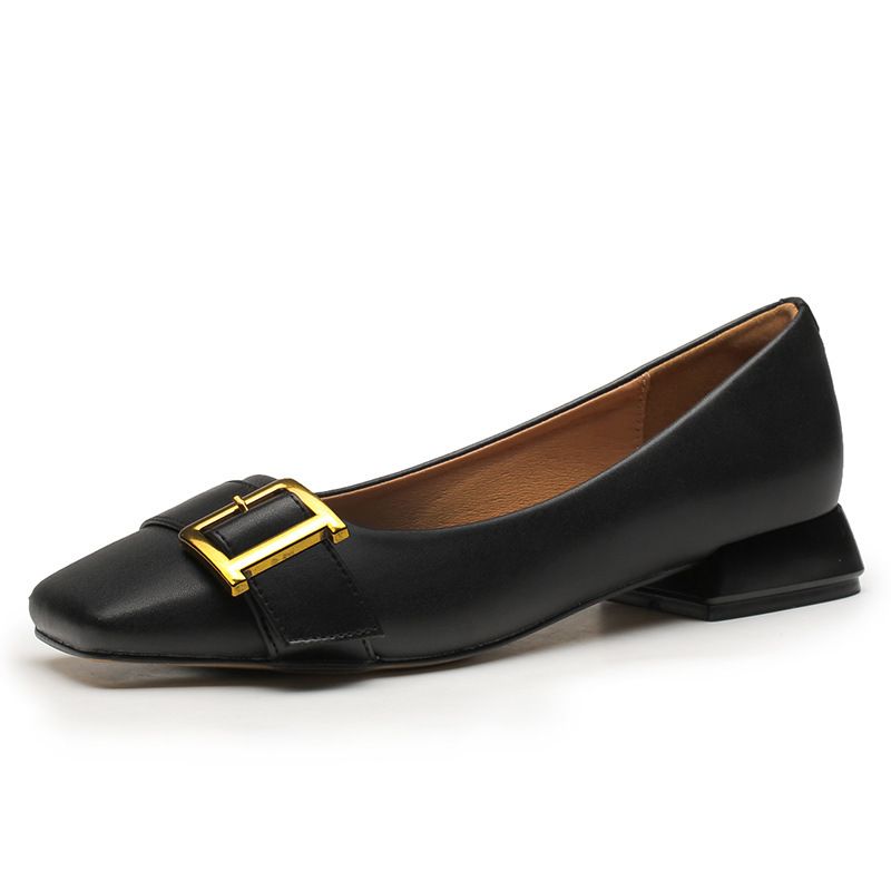 Women's Flat For Commuting, 2025 Spring French Retro Square-toed Shallow Buckle Loafers, Soft Leather Granny Shoes_vogvips.com