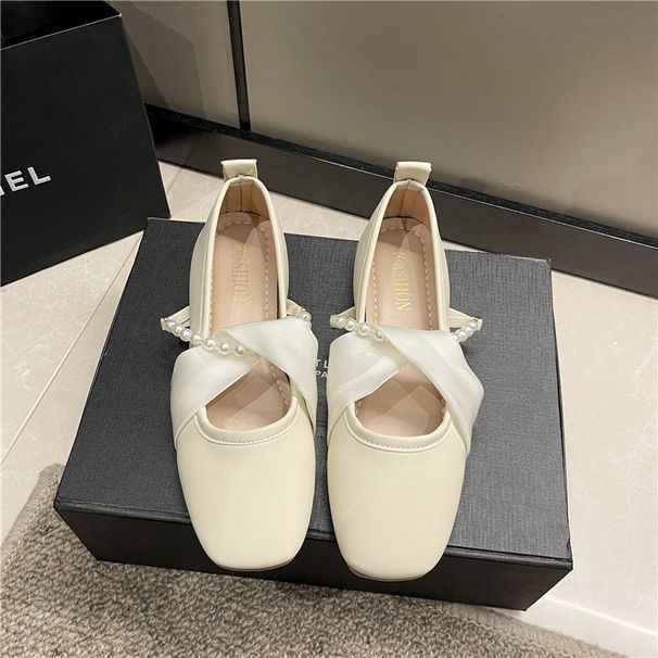 Single Shoes Women's Shallow Mouth Mary Jane Women's Shoes Low Heel With Small Skirt Pearl Square Head Ladyshoes_vogvips.com