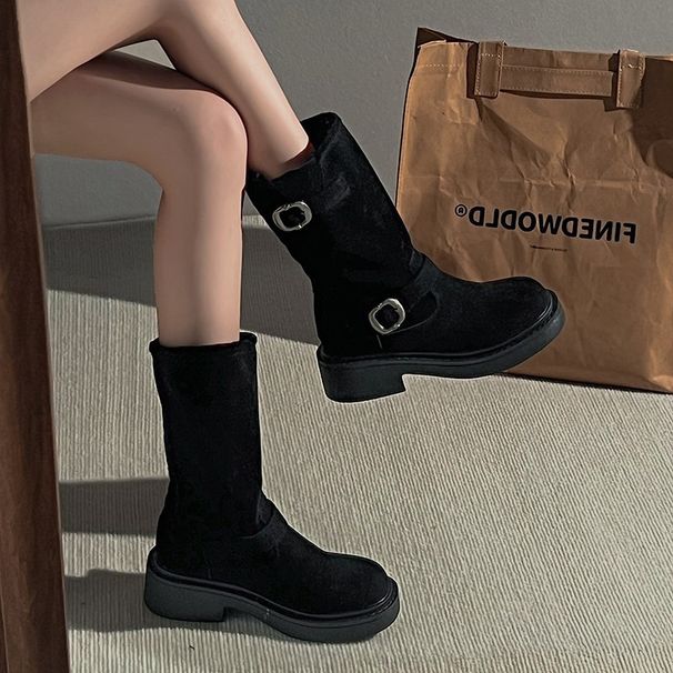 Platform Short Women 2025 New Autumn Winter Suede Western Cowboy Mid-Calf Slim Motorcycle Martin Boots_vogvips.com