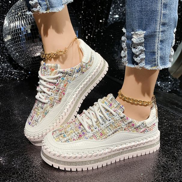 Fashion Women's Chunky Sole Sneakers With Rhinestones - Comfortable Low-Top Casual Shoes For Spring & Summer - Round Toe PU Leather Lace-Up Shoes_vogvips.com