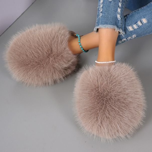 Autumn And Winter Hot Selling Plus Size Solid Color Fluffy Big Fur Slippers, Soft Bottom Flat Bottom Winter Baotou Home Warm Cotton Slippers_vogvips.com