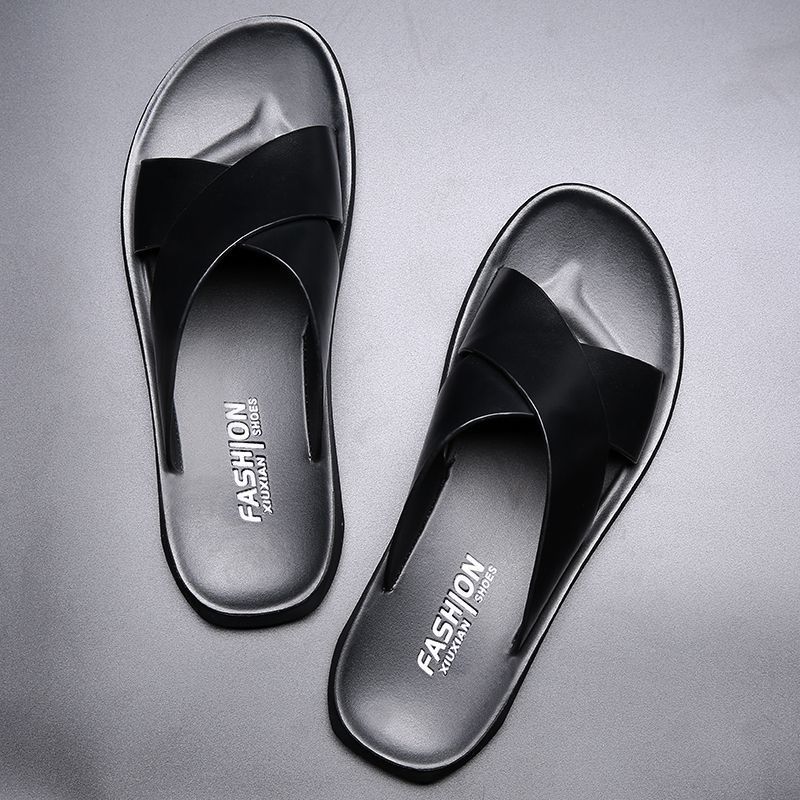 Outdoor Soft Leather Slippers For Men, Summer New Korean Style, Casual Non-Slip Trendy One-Word Beach Sandals_vogvips.com