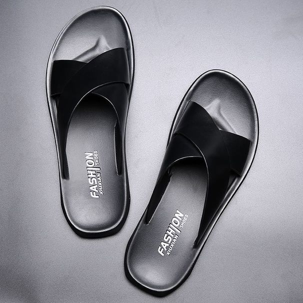 Outdoor Soft Leather Slippers For Men, Summer New Korean Style, Casual Non-Slip Trendy One-Word Beach Sandals_vogvips.com