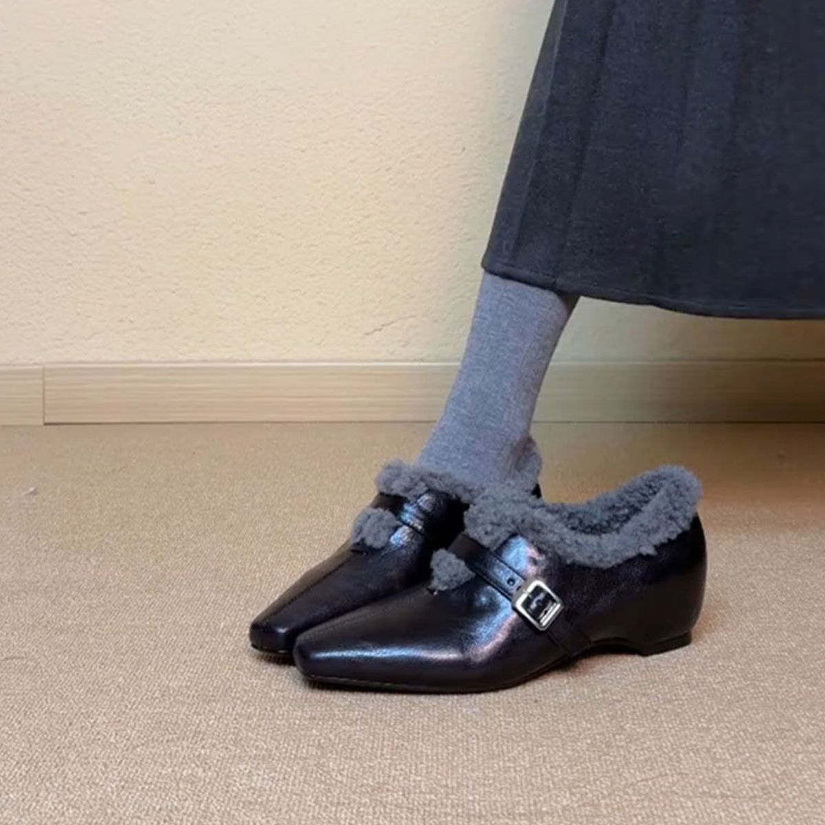 French Pointed Style Interior Height Increasing Single Shoe, Women's Straight Strap Hairy Shoes, Flat Bottom With Plush Warm Cotton Shoes_vogvips.com