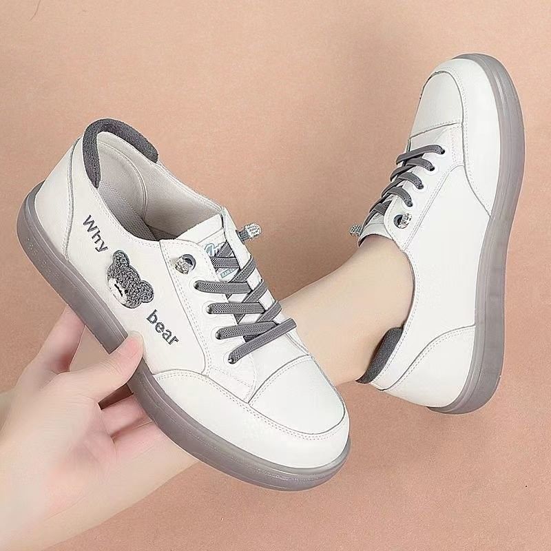 Women's White Sneakers With Cowhide Soles, Genuine Leather Soft-soled Spring And Autumn Round-toe Lace-up Flat Shoes,_vogvips.com