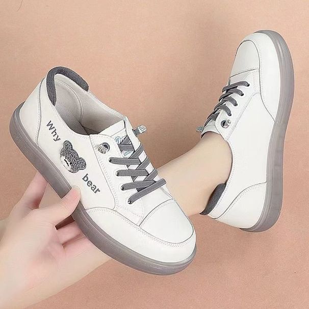 Women's White Sneakers With Cowhide Soles, Genuine Leather Soft-soled Spring And Autumn Round-toe Lace-up Flat Shoes,_vogvips.com