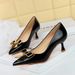 1961-K68 Fashion Pointed Thin Heeled Women's With Metal Bow, Patent Leather, Shiny Surface, Single Shoe, Shallow Mouth,_vogvips.com