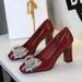 Women's Shoes Chunky Heel High Heels, Versatile Rhinestone Bow Dress/Wedding Dress Shoes, Patent Leather Elegant Square Toe Flats For Women_vogvips.com