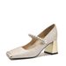 Cameido Women's Beige Floral Leather & Gold Metallic Heels - 5CM Mid Heel, Square Toe, Rubber Sole, Stiletto_vogvips.com