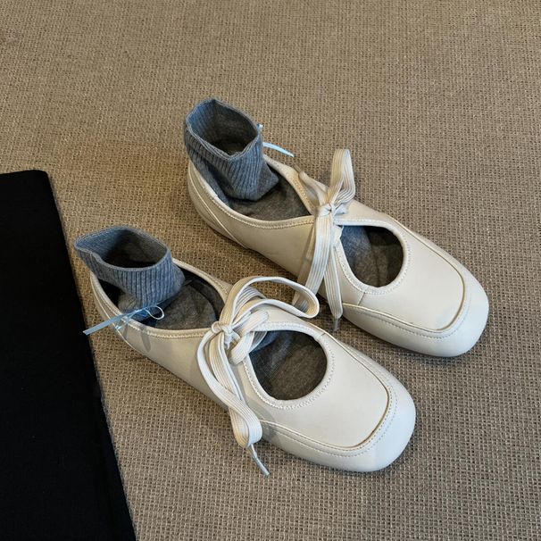 Lancui Version ~ Versatile White For Women, Hollow Lace-up Genuine Leather Single Shoes, Square Toe Flat Comfortable_vogvips.com
