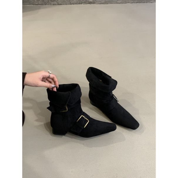 Korean-Style New Niche Design Retro French Short Small Square Toe Western Boots, Suede Mid-Calf Women's Boots_vogvips.com